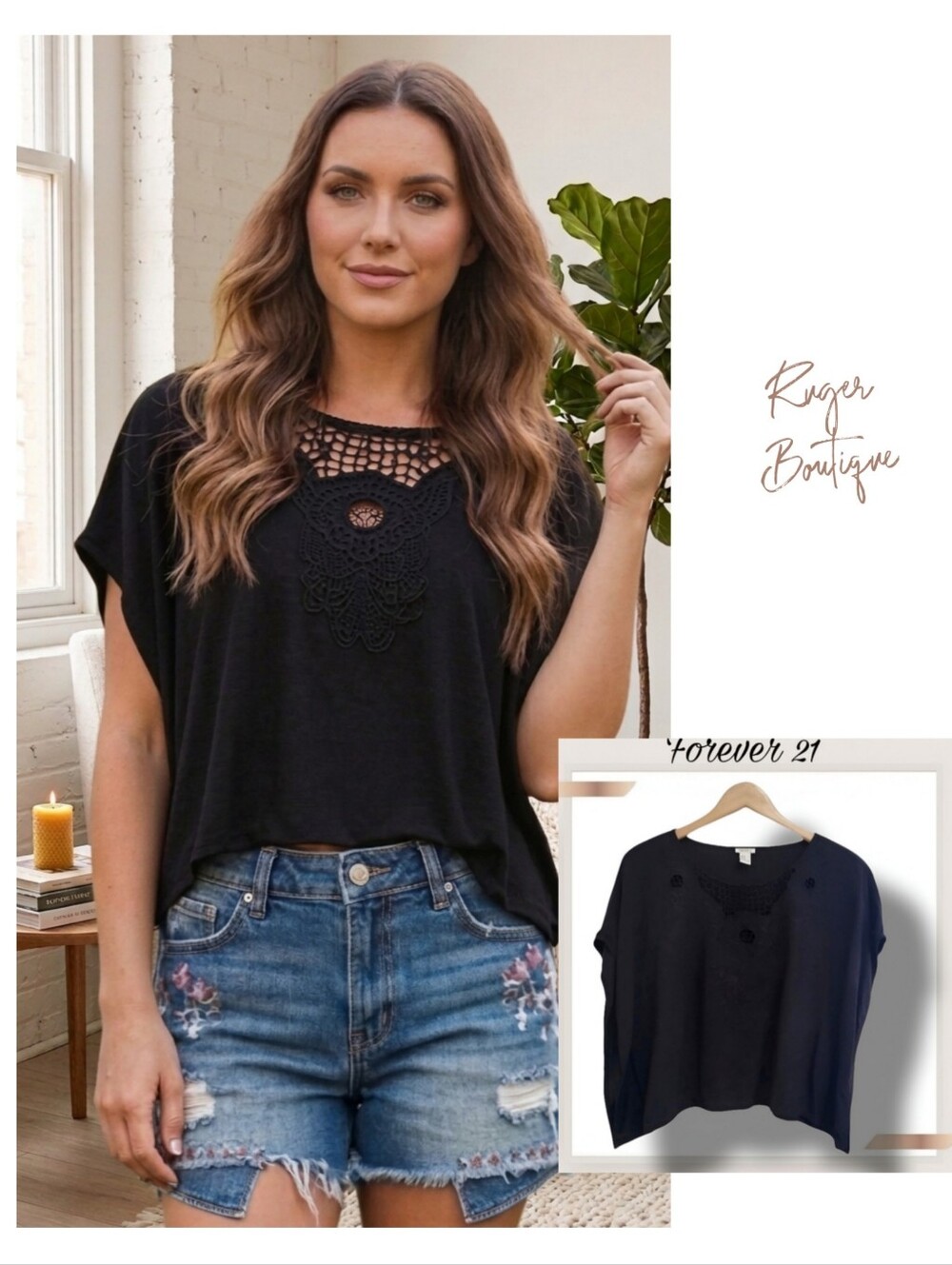 🌿Forever 21 Women's Black Medium Lace Detail Cropped Top